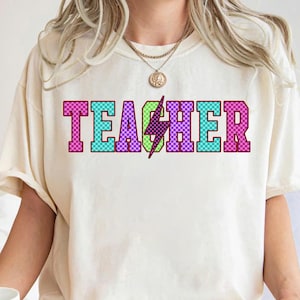 Neon Checkered TEACH PNG, Teacher Back to School PNG Neon Disstressed, Coquette 1st 2nd 3rd Grade Teacher Png, Hand Drawn,Colorful