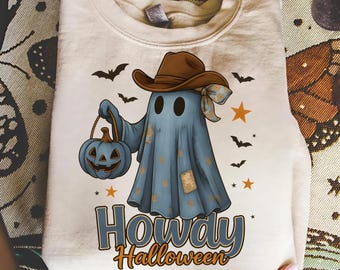 Blue denim Cowboy Ghost Coquette Png, Preppy Western Halloween Shirt Design, Girly Pink Pumpkin Bow Png Floral Spooky Season Png Howdy