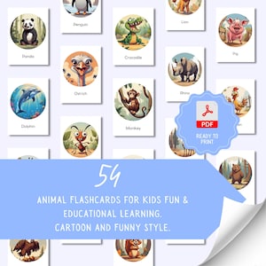 54 tarjetas didácticas de animales para imprimir para niños • Listas para imprimir • Para niños pequeños, preescolares y jardín de infantes • Aprendizaje activo y memorización