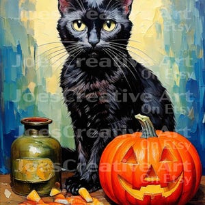 May include: A black cat with yellow eyes sits beside a carved orange pumpkin and a green jar. Candy corn is scattered on the wooden surface. The background has a yellow and blue color scheme. Text on the image reads "Joes Creative Art On Etsy."