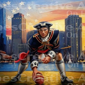 The New England Patriots are the most decorated football team in the NFL. Own this revolutionary war style painting for your man cave.