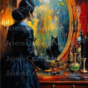 May include: A woman in a dark blue dress stands in front of a vanity with a mirror. The mirror reflects a black cat and a dimly lit room. The vanity has a wooden top and drawers. There are candles and other decorative items on the vanity.