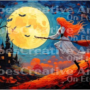 May include: A vibrant painting depicts a witch with flowing red hair riding a broom across a full moon. Bats fly in the night sky above a spooky castle and orange landscape. The text "JoeCreative Art On Etsy" is visible.
