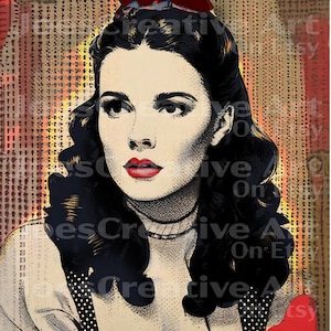 Puede incluir: Una ilustración de estilo vintage de una mujer con cabello oscuro y un lazo rojo. La mujer lleva una blusa blanca con un patrón de lunares negros y un vestido rojo. El fondo es un patrón texturizado con un esquema de color rojo, amarillo y marrón.