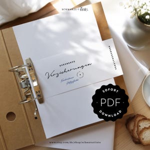 May include: A brown binder with white paper and the text "Dokumente Versicherungen" in elegant script. A black circle with the words "SOFORT PDF DOWNLOAD" is in the lower right corner. The Etsy shop URL is at the bottom.