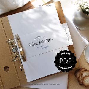 May include: A brown binder with a white document labeled "Versicherungen" in elegant script. The document includes the words "Dokumente" and "Krankenhaus" and "Haftpflicht". A black circle with "SOFORT PDF DOWNLOAD" is in the lower right.