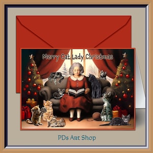 Carte de Noël joyeux chat Lady. Carte de Noël imprimable avec chat rigolo. Mme Noël. Chats joueurs. Carte de vœux à téléchargement numérique. Chat de carte idiot.