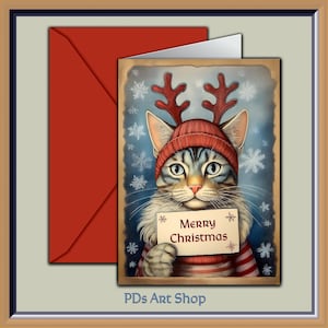 Funny Cat Card, drukowane kartki świąteczne, pobieranie cyfrowe, kartki z życzeniami świątecznymi, kartki świąteczne. Wesołych kartek świątecznych. Kartka świąteczna.