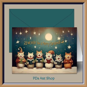 Singing Cats Card, printable Christmas cards, digital download, Christmas greeting cards, holiday cards. Merry Christmas. Funny cat cartoon.