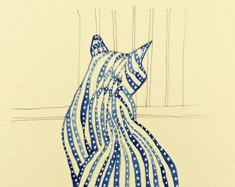 Blue Cat with Stripes Print