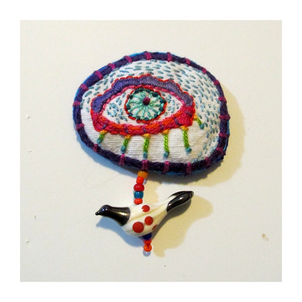 Hand Embroidered Eye Colorful Pin with Hand Blown Glass Spotted Bird