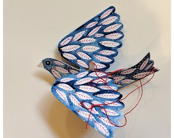 Blue Hand Painted Paper Bird (6 x 4 inches)