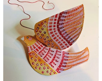 Red, Orange, and Yellow Hand Painted Paper Bird (6 x 4 inches)