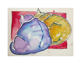 Cat Nap - Print of Watercolor of Two Colorful Cats