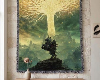 Koc z gobelinu Elden Ring Erdtree, tkany, wiszący na ścianę, dekoracja pokoju gracza RPG w stylu fantasy, prezent Dark Academia