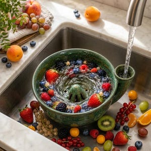 Keramik-Beerenwaschschüssel, wasserbetriebenes Sieb, handgefertigter Obst- und Gemüsespüler, Küchenreiniger für Obst und Gemüse