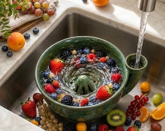 Ciotola in ceramica per lavare i frutti di bosco, scolapasta a vortice ad acqua, sciacquatore per frutta e verdura fatto a mano, lavatrice per prodotti da cucina
