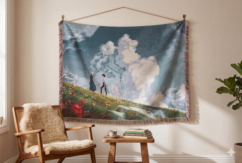 May include: Woven tapestry wall hanging featuring a landscape scene with two figures on a grassy hill under a cloudy sky. The tapestry has a fringed edge and is displayed on a wall. A wooden chair with a sheepskin throw is in the foreground.