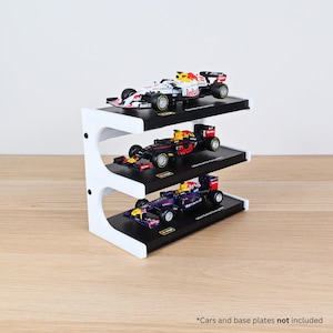 F1 Race Car Display Stand for Bburago Diecast Models in 1:43 Scale – Holds 3 Cars Attached to Base Plate – Freestanding or Wall Mountable
