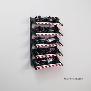 Formula 1 Race Car Display Shelf – Wall-Mount Rack Holds Five 1:43 Scale Cars, Organizer for Collectors and Racing Memorabilia Enthusiasts