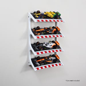 4 Car Formula 1  Display Shelf – Wall-Mount Rack Holds Four 1:43 Scale Cars, Organizer for Collectors & Racing Memorabilia Enthusiasts