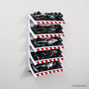 5 Car Formula 1 Display Shelf – Wall-Mount Rack Holds 5 1:43 Scale Cars, Organizer for Collectors and Racing Memorabilia Enthusiasts