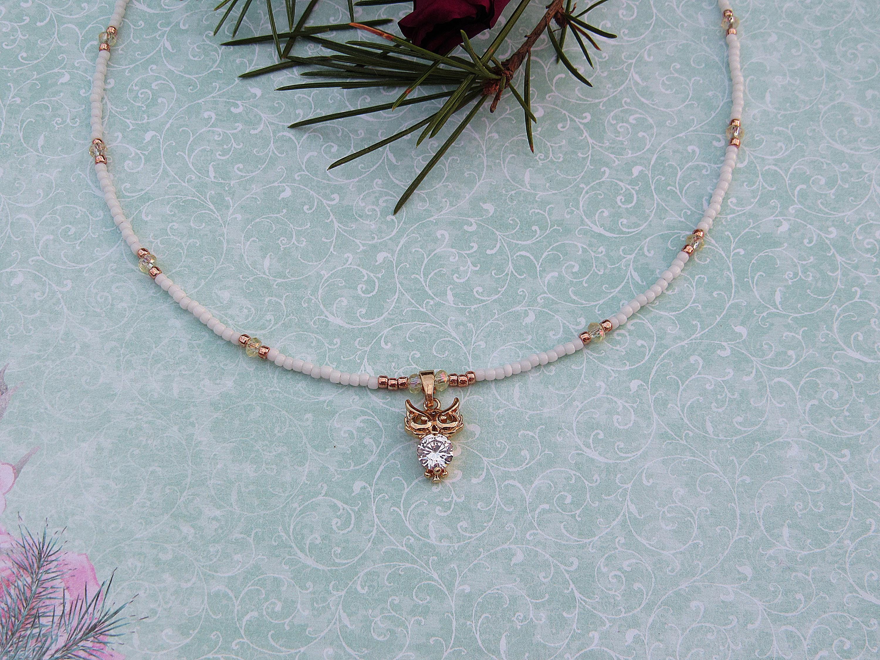 White Choker Necklace with Gold Owl, Dainty white choker with gold pendant, gift idea for women, han