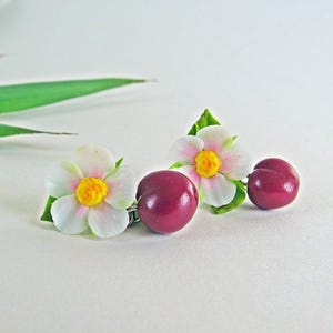 Red Cherry and Sakura Blossom Earrings. Botanical jewelry with flowers and red cherry. Boho style, floral earrings