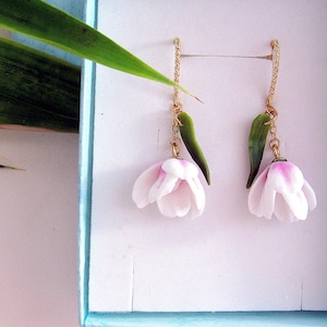 Lotus Flower Dangle Earrings. Pink Water Lily Flower jewelry. Tulip polymer clay dangle earrings. Botanical Floral Earrings. Gift for Her