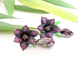Lily Flowers and Glass Crystal Stud Earrings. Handmade Floral Stud Earrings. Nature-Inspired earrings with Dark Lily and crystal.