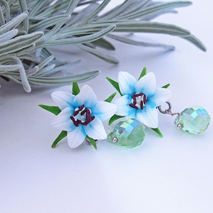 Lily Flower and Glass Crystal Stud Earring. Handmade Polymer Clay Lily Flower. Nature-Inspired Cute, light earring with Lily flowers.