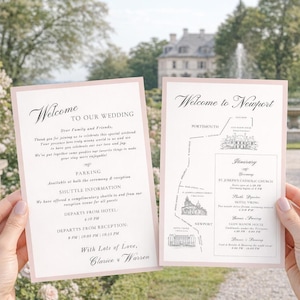 May include: A wedding invitation suite with a light pink border. The left side reads "Welcome to our Wedding" and the right side reads "Welcome to Newport" with a map and itinerary. The background is a garden setting.