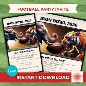 以下が含まれることがあります： IRON BOWL 2026およびJOIN US GAME DAYのテキストが記載された長方形の招待状。デザインには、アメリカンフットボールを挟んで向かい合う象と虎が描かれています。11月28日土曜日、キックオフ午後2時30分、住所などの詳細が含まれています。