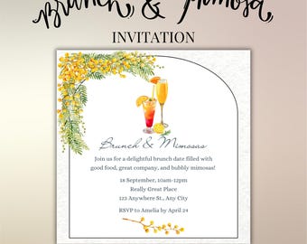 Uitnodigingssjabloon brunch en mimosa's, tropische bewerkbare canva-uitnodiging voor bruids, verjaardag, zondagse brunchviering