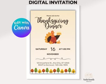 Thanksgiving Dinner Einladung Vorlage | Bearbeitbare Leinwand, Herbstparty (Digitaler Download)