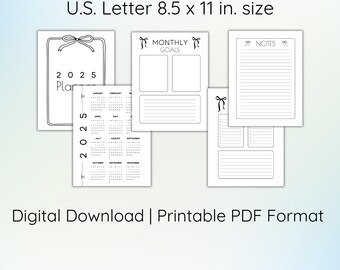 Minimalist Printable Planner Bundle, Coquette Bow 2025 Calendar, Monthly Goals, Notes, and Goals Pages