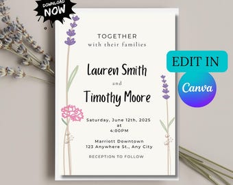 Minimalist Wedding Invitation Template: Purple Floral Design (Canva, Instant Download)