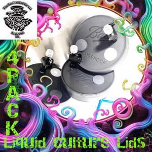 May include: Four pack of black liquid culture lids with a white filter and a clear tubing. The lids are labeled "Leak-Proof".