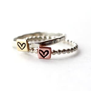 Little Square Heart Ring, Sterling Silver Ring, Brass Heart Ring, Anniversary Ring, Heart Stack Rings, Love Ring, Bridesmaid Rings, Band