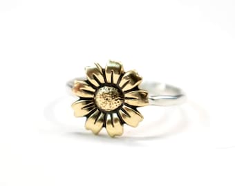 Mammoth Sunflower Ring, Flower Ring, Stack Ring, Silver Stack Ring, Sunflower Stack Ring, Boho Ring, Sterling Silver, Antiqued, Stack Ring