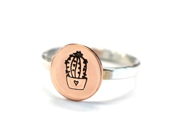 Little Cactus Stack Ring, Mixed Metal, Cactus Ring, Hammered Ring, Sterling Silver Band, Copper Cactus, Stack Ring, Birthday Gift, Custom