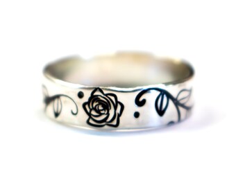 Rose Band, Sterling Rose Ring, Flower Ring, Womens, Sterling Band, Boho Flower Ring, Sterling Silver Ring, Stacking Ring, Mothers Ring
