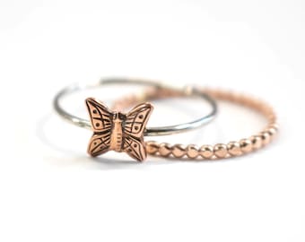 Little Butterfly Stack Ring Set, Rose Gold Filled Band, Butterfly Ring, Copper Butterfly, Sterling Stack Ring, Womens Stack Band, Bead Band