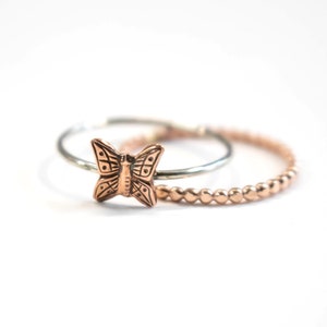 Little Butterfly Stack Ring Set, Rose Gold Filled Band, Butterfly Ring, Copper Butterfly, Sterling Stack Ring, Womens Stack Band, Bead Band