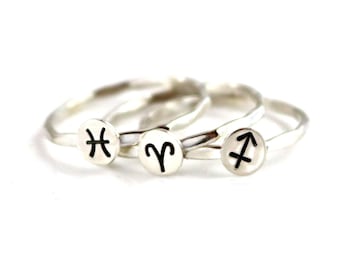 Zodiac Symbol Ring, Astrology Ring, Birthday Ring, Zodiac Jewelry, Astrology Sign Ring, Sterling Zodiac Ring, Horoscope Stack Ring