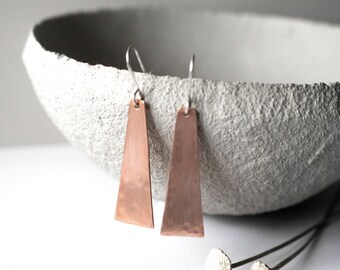Modern Rectangle Earrings, Sterling Silver, Minimalist Copper Earrings, Brushed, Dangle, Gift For Her, Mom, Graduation, Hammered Copper,Pink