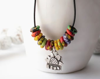 Colorful Sunflower Necklace, Whimsy Sunflower Pendant, Sterling Silver, Beaded Necklace, Leather Necklace, Gift, Yellow Sunflower