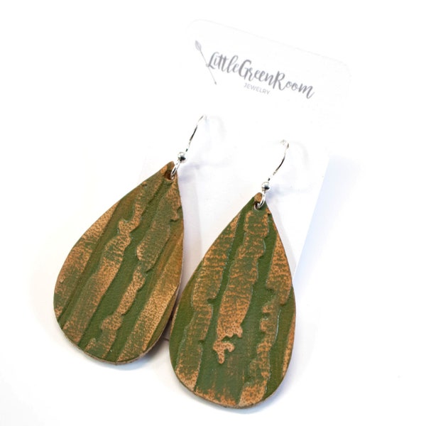 Green Teardrop Earrings, Shabby Chic Earrings, Rustic Earrings, Boho Earrings, Dangle Earrings, Painted Leather Earrings, Graduation, Gift