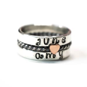 Name Rings, Mothers Ring, Antiqued Ring, Copper Heart Ring, Sweetheart Bands, Custom Name, Sterling Band, Word Ring, Stacking Rings