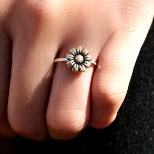 Mammoth Sunflower, Flower Ring, Stack Ring, Silver Stack Ring, Sunflower Stack Ring, Boho Ring, Sterling Silver, Antiqued,  Sunflower Ring
